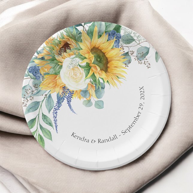 Rustic Sunflowers and Roses Floral Wedding Paper Plate (Creator Uploaded)