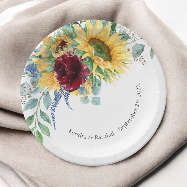 Rustic Sunflowers and Roses Floral Wedding Paper Plate (Creator Uploaded)