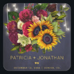 Rustic sunflowers and roses navy burgundy wedding square sticker<br><div class="desc">Rustic style wedding favour or mailing square sticker featuring a rustic big beautiful yellow sunflowers and red burgundy roses bouquet and faux gold typography script on a dark midnight navy blue calkboard background with string lights. Ideal for your winter floral, Christmas, late summer night or autumn fall | elegant rustic...</div>