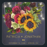 Rustic sunflowers and roses navy burgundy wedding square sticker<br><div class="desc">Rustic style wedding favour or mailing square sticker featuring a rustic big beautiful yellow sunflowers and red burgundy roses bouquet and faux gold typography script on a dark midnight navy blue calkboard background with string lights. Ideal for your winter floral, Christmas, late summer night or autumn fall | elegant rustic...</div>