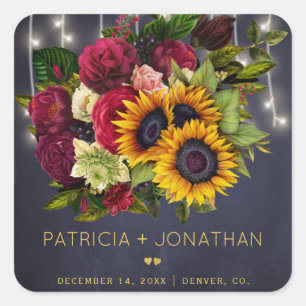 Rustic sunflowers and roses navy burgundy wedding square sticker