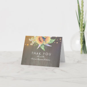Rustic Sunflowers and String Lights Wood Thank You Card