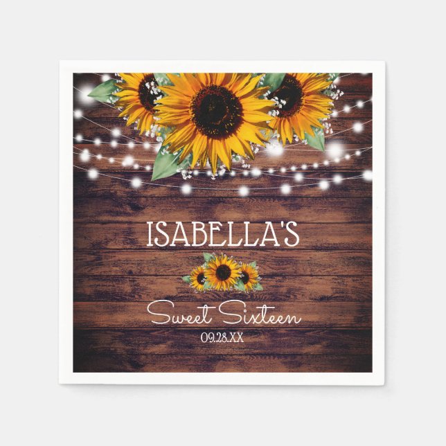 Rustic Sunflowers and Twinkle Lights Sweet Sixteen Napkin (Front)