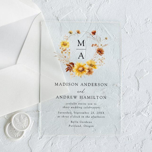 Rustic Sunflowers and Wildflowers Monogram Wedding Acrylic Invitations (Creator Uploaded)