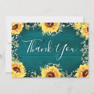 Rustic Sunflowers Babys Breath Border Teal Wedding Thank You Card