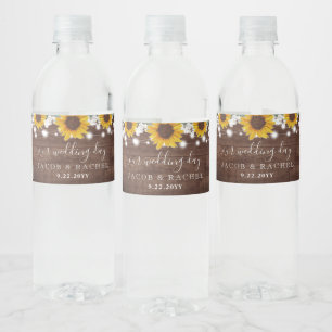 Rustic Sunflowers Baby's Breath Jar Lights Wedding Water Bottle Label