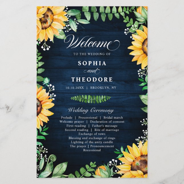 Rustic Sunflowers Baby's Breath Navy Blue Program (Front)