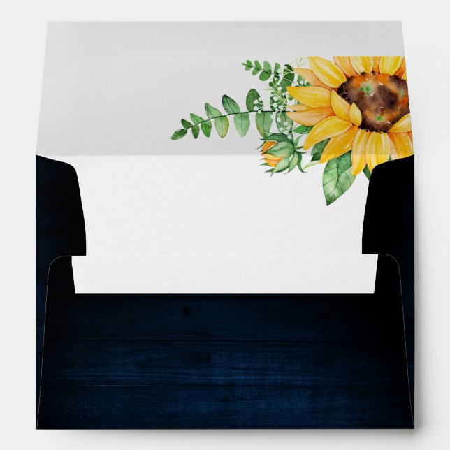 Rustic Sunflowers Baby's Breath Navy Blue Wedding Envelope (Back (Bottom))