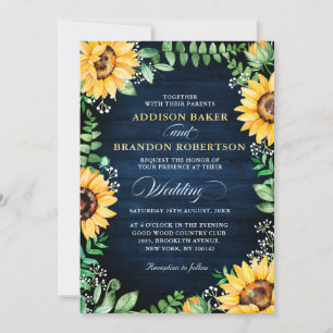 Rustic Sunflowers Baby's Breath Navy Blue Wedding Invitation