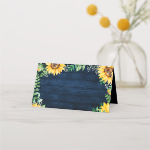Rustic Sunflowers Baby's Breath Navy Blue Wedding Place Card