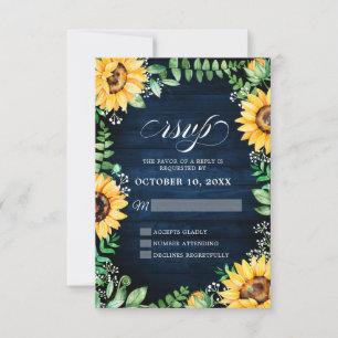 Rustic Sunflowers Baby's Breath Navy Blue Wedding RSVP Card