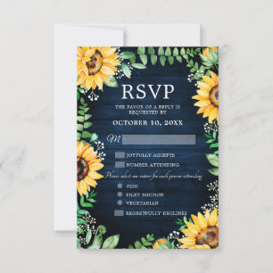Rustic Sunflowers Baby's Breath Navy Blue Wedding RSVP Card