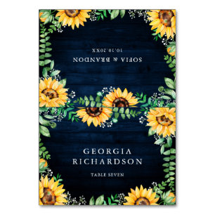 Rustic Sunflowers Baby's Breath Navy Blue Wedding  Table Number