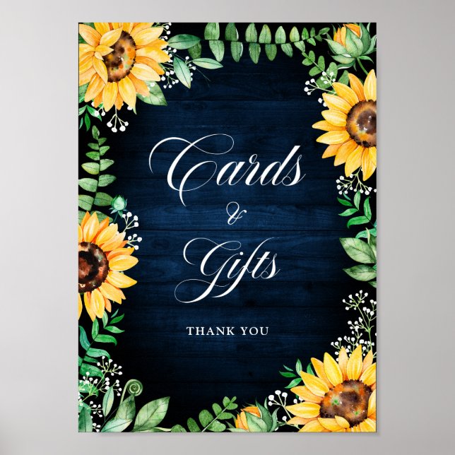 Rustic Sunflowers Baby's Breath Navy Cards & Gifts Poster (Front)