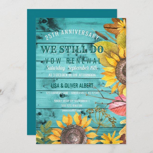 Rustic Sunflowers Backyard Vow Renewal Anniversary Invitation (Front/Back)