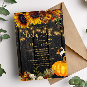 Rustic sunflowers barn wood autumn baby shower invitation