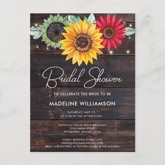 Rustic Sunflowers Barn Wood Bridal Shower Invite (Front)