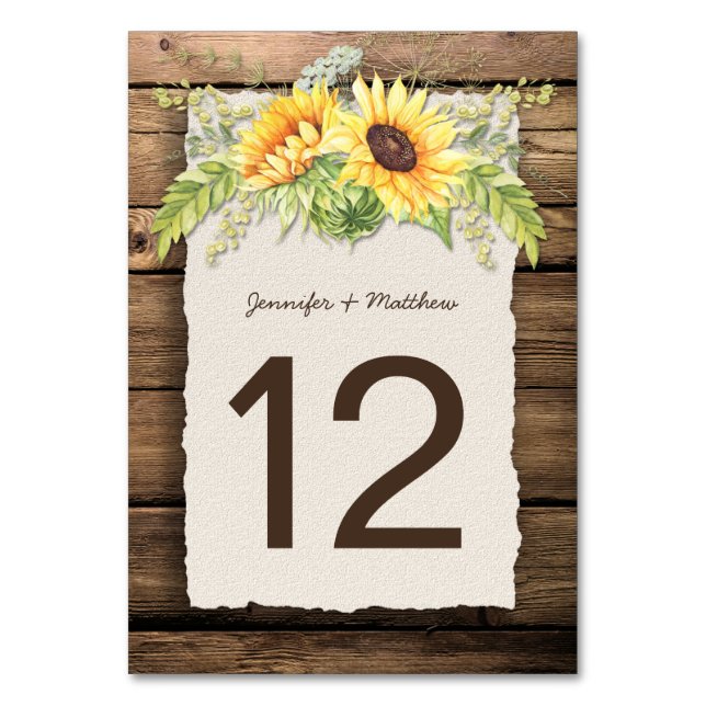 Rustic Sunflowers Barn Wood Deckle Edge Table Number (Front)