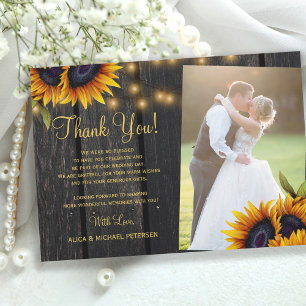 Rustic sunflowers barn wood photo wedding thank you card