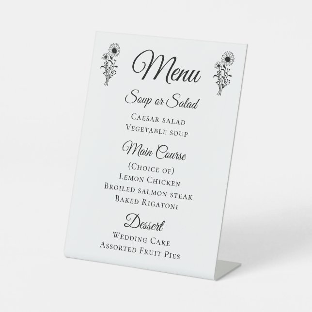 Rustic Sunflowers Black White Floral Wedding Menu Pedestal Sign (Front)