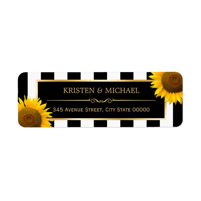 Rustic Sunflowers Black White Stripes RSVP Return Address Label (Front)