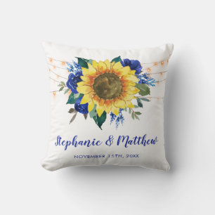 Rustic Sunflowers Blue Floral Lights Wedding Cushion