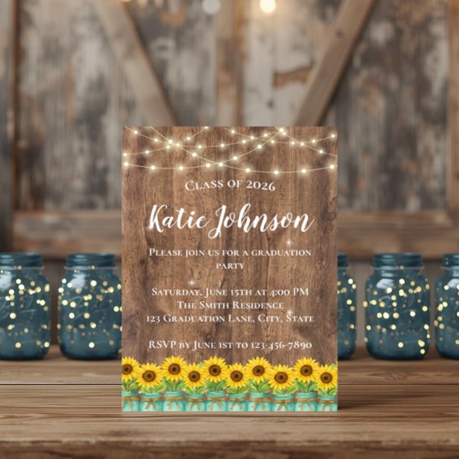 Rustic Sunflowers & Blue Mason Jar Graduation Invitation (Brighten your big day with this rustic sunflower and mason jar graduation invite on warm barn wood.)