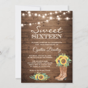 Rustic Sunflowers Boots Cowgirl Sweet Sixteen 16 Invitation
