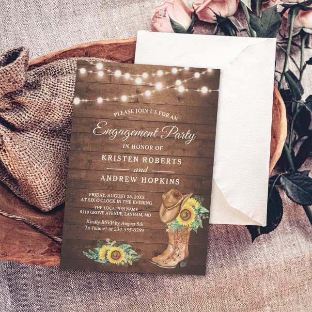 Rustic Sunflowers Boots Lights Engagement Party Invitation (Creator Uploaded)