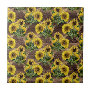 Rustic Sunflowers Bouquet Farmhouse Vintage Brown Ceramic Tile