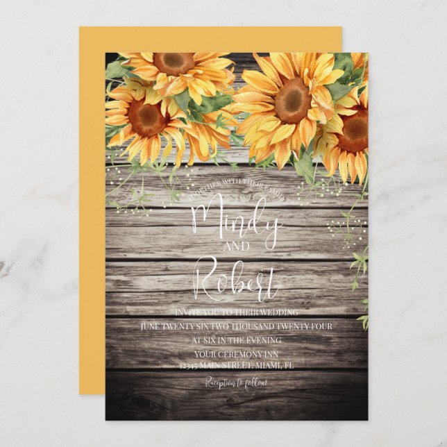 Rustic Sunflowers Bouquet Watercolor Wedding Invitation (Front/Back)