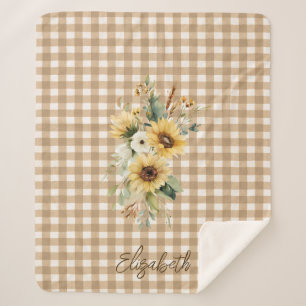 Rustic Sunflowers Brown Gingham Personalized Sherpa Blanket