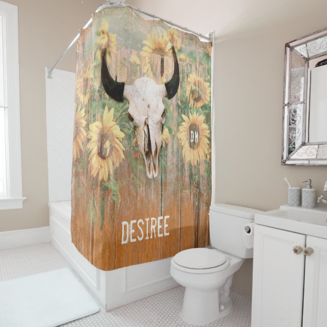 Rustic Sunflowers Bull Cow Skull Western Shower Curtain (In Situ)