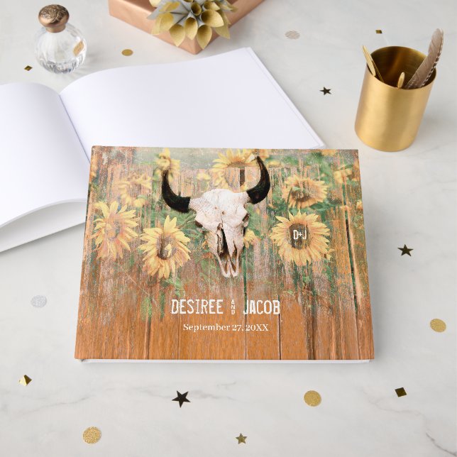 Rustic Sunflowers Bull Skull Western Floral Guest Book (Front Open)