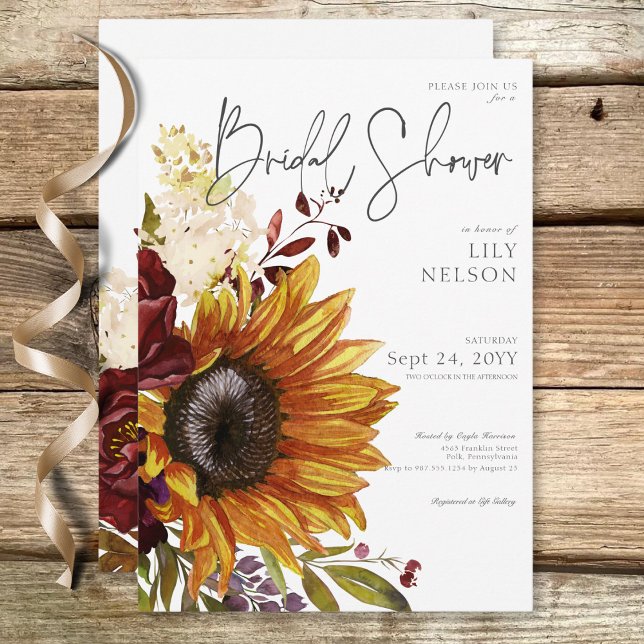 Rustic Sunflowers & Burgundy Floral Bridal Shower Invitation (Rustic Sunflowers & Burgundy Floral Bridal Shower Invitation)