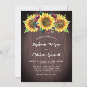 Rustic Sunflowers Burgundy Floral Wood Wedding Invitation