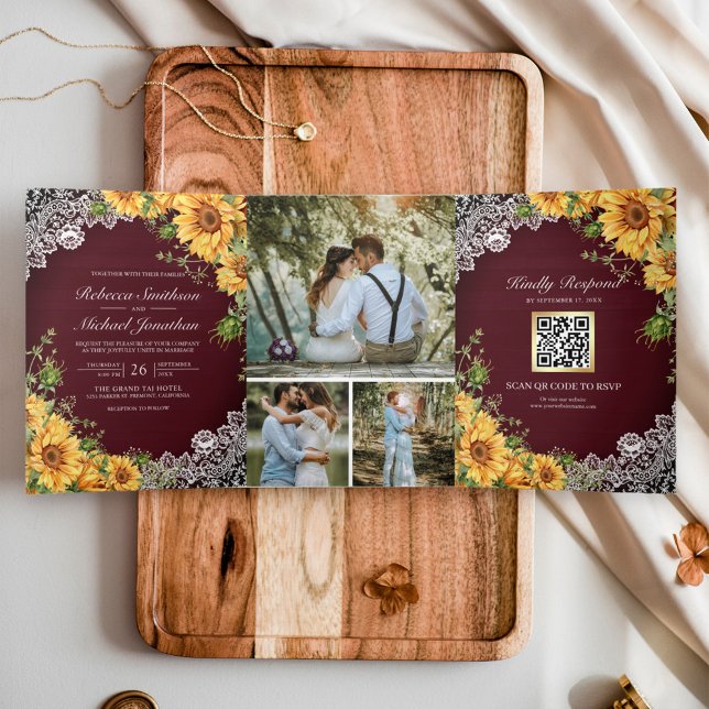 Rustic Sunflowers Burgundy Wood QR Code Wedding Tri-Fold Invitation (Creator Uploaded)