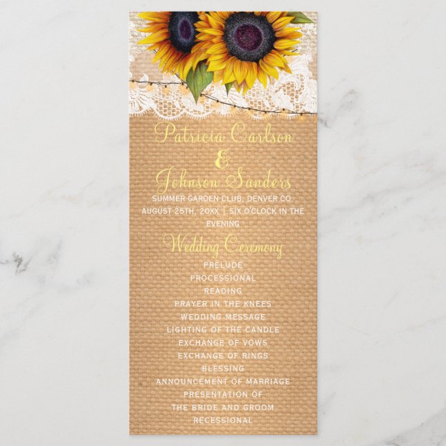 Rustic sunflowers burlap and lace wedding program (Front)