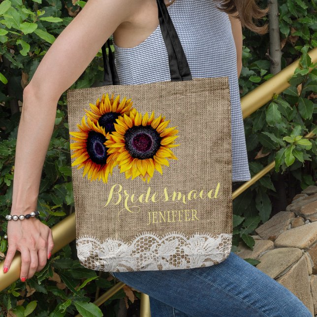 Rustic sunflowers burlap lace wedding bridesmaid tote bag (Creator Uploaded)