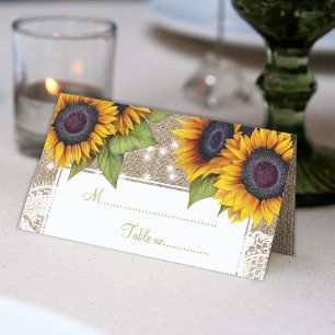 Rustic sunflowers burlap lace wedding table place card