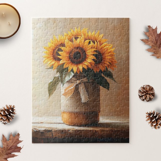 Rustic Sunflowers Burlap Mason Jar Jigsaw Puzzle (Creator Uploaded)