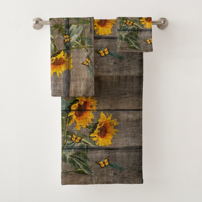 Rustic Sunflowers Butterflies Barn Board Bath Towel Set (Insitu)