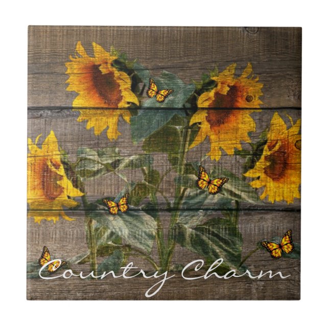 Rustic Sunflowers Butterflies Barn Board Ceramic Tile (Front)