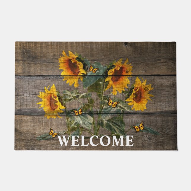 Rustic Sunflowers Butterflies Barn Board Doormat (Front)