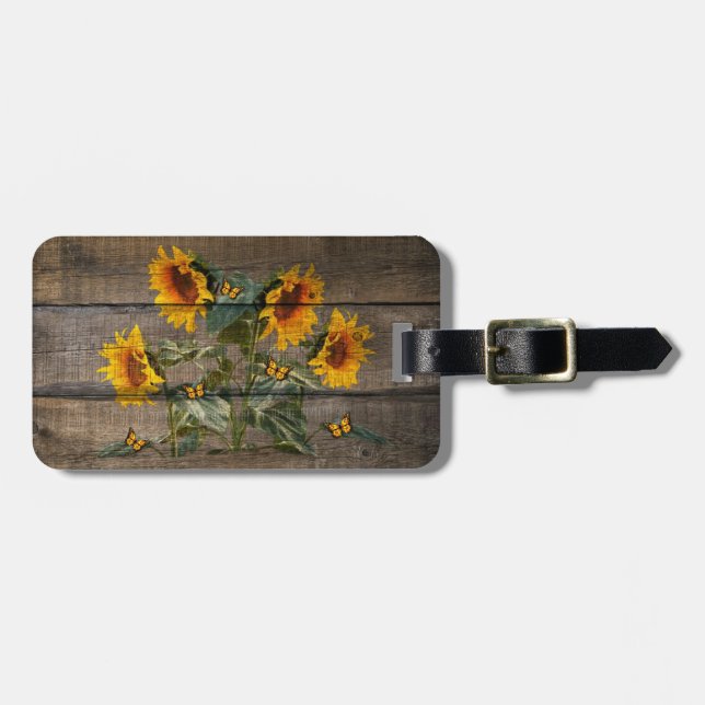 Rustic Sunflowers Butterflies Barn Board Luggage Tag (Front Horizontal)