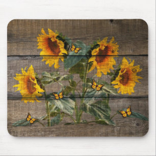 Rustic Sunflowers Butterflies Barn Board Mouse Pad