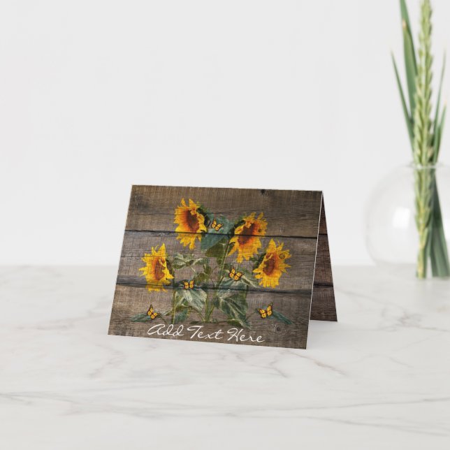 Rustic Sunflowers Butterflies Barn Board Note Card (Front)