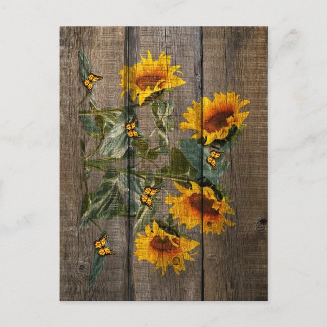 Rustic Sunflowers Butterflies Barn Board Postcard (Front)