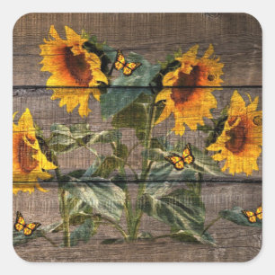 Rustic Sunflowers Butterflies Barn Board Square Sticker