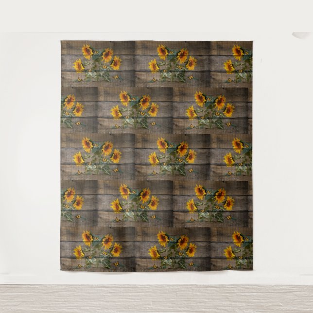 Rustic Sunflowers Butterflies Barn Board Tapestry (Front)